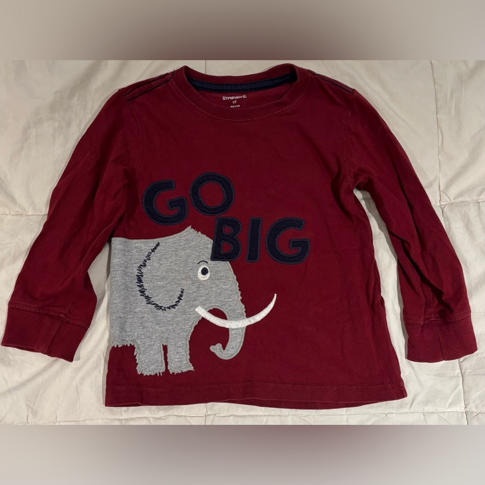 Kids Gymboree Maroon Long Sleeve Shirt Size 2T “Go Big” Elephant